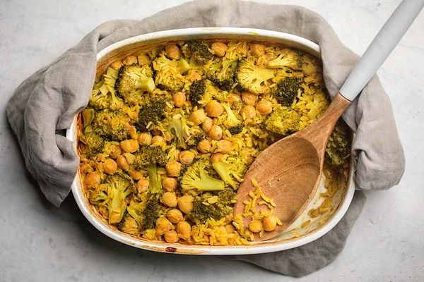 Cheesy Broccoli Rice Casserole with Chickpeas