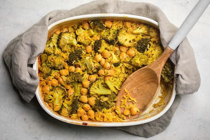 Cheesy Broccoli Rice Casserole with Chickpeas