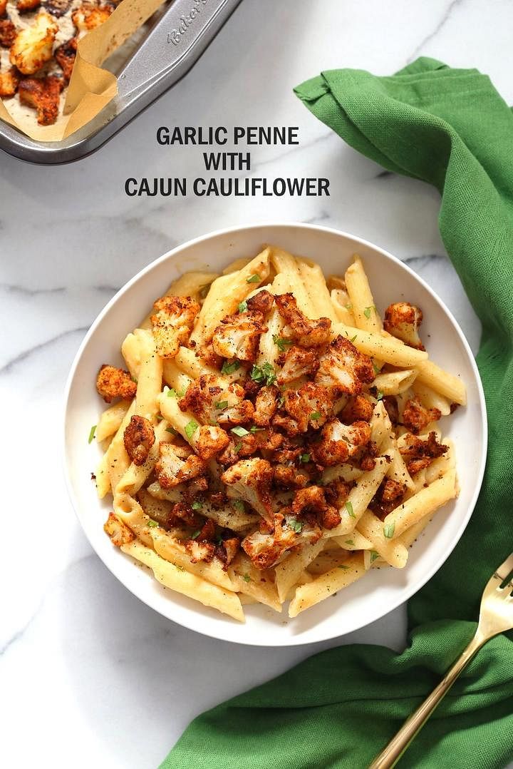 Vegan Garlic Pasta with Roasted Cajun Cauliflower